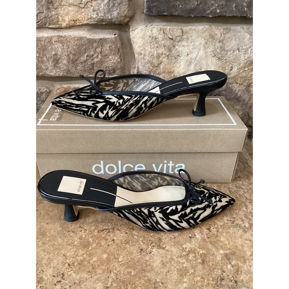 Dolce Vita Cleo Zebra Velvet Mesh Mules Pointed Toe Kitten Heel Black Tan 7.5
